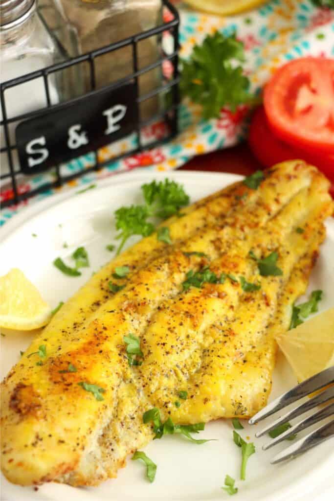 Overhead shot of pan fried catfish filet on plate. 