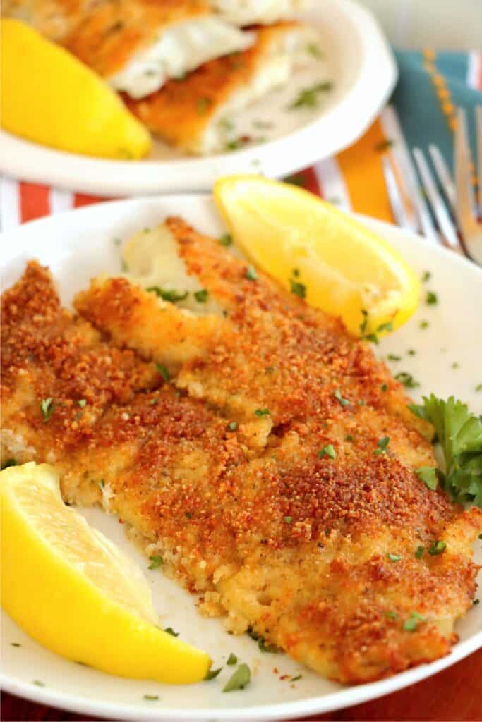 Closeup shot of parmesan crusted cod fillet on plate. 