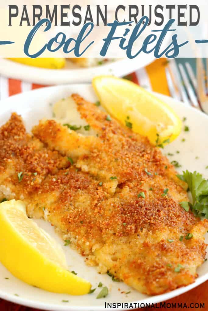 Closeup shot of parmesan crusted cod fillet on plate.