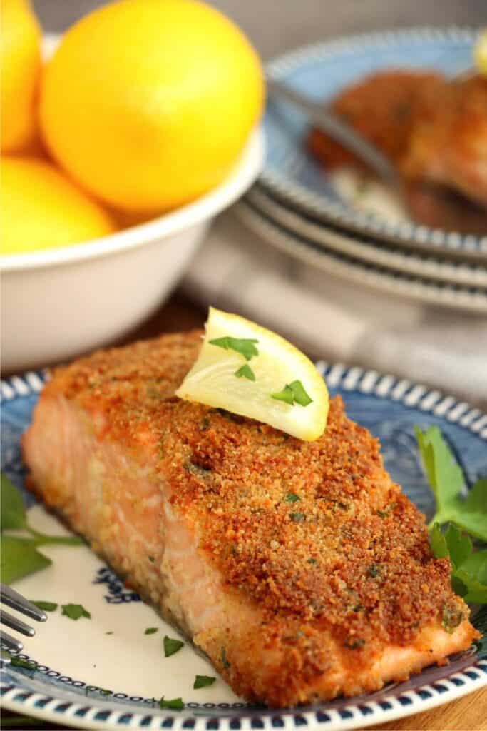 Closeup shot of herb crusted salmon fillet on plate. 