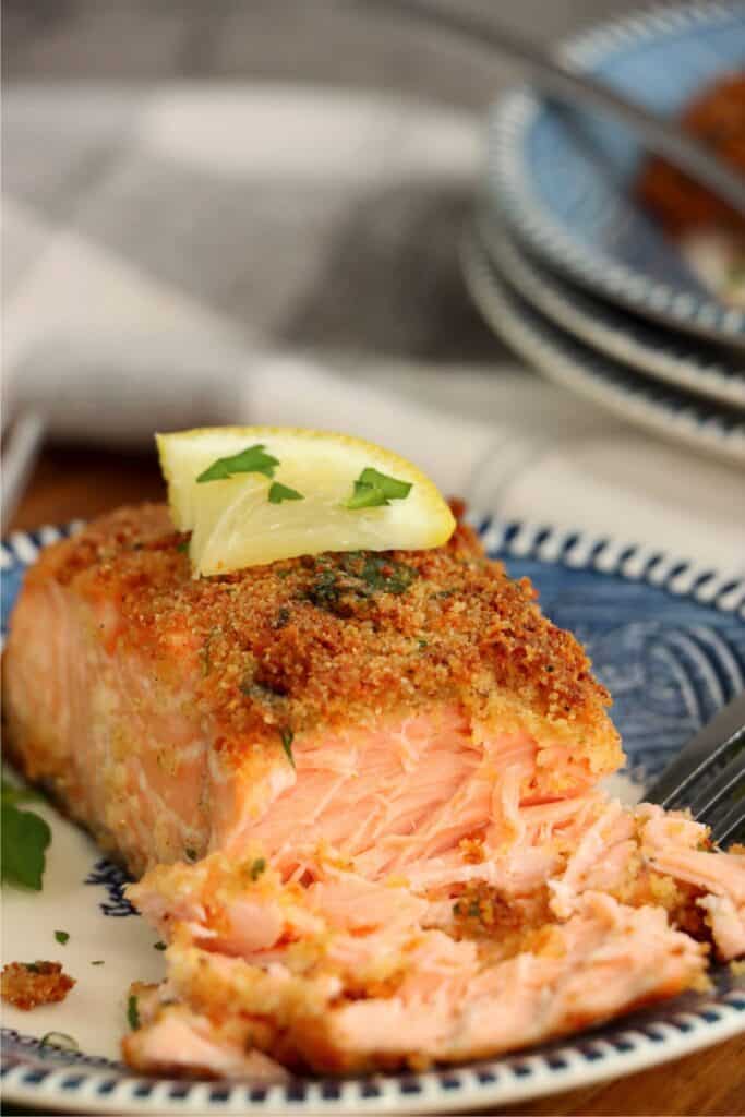 Closeup shot of flaked herb crusted salmon on plate. 