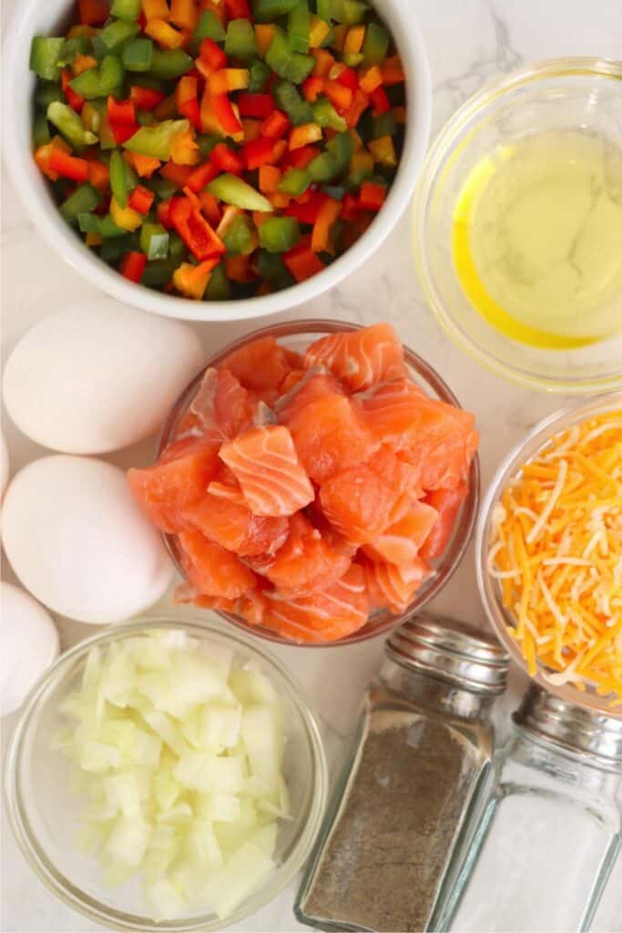 Overhead shot of indivdiual omelet ingredients. 