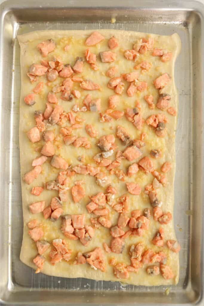 Overhead shot of salmon pizza crust