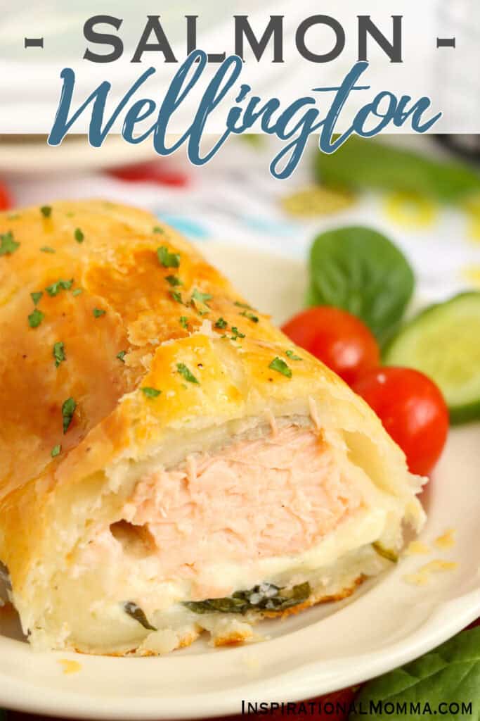 Closeup shot of salmon Wellington on plate.