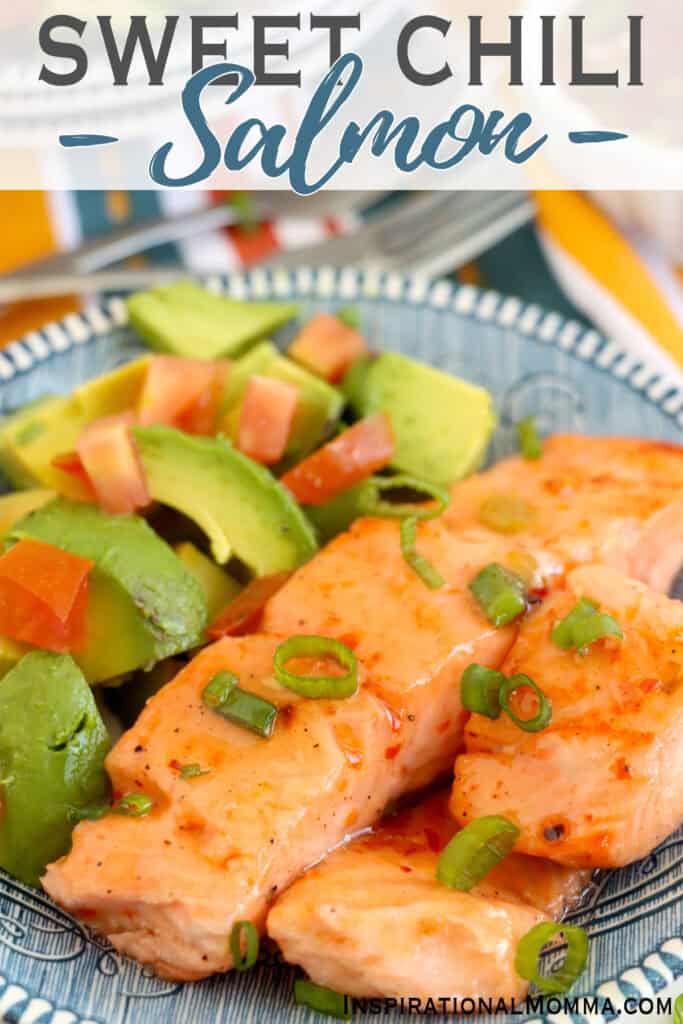 Sweet chili salmon filet with avocado slices on plate.