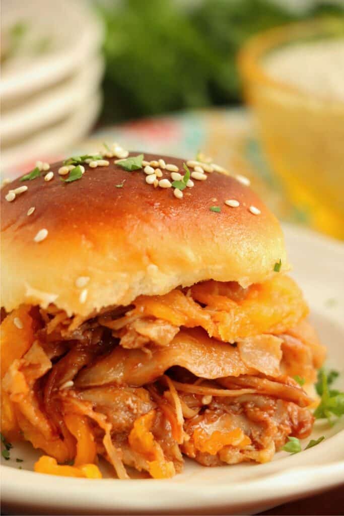  Closeup shot of BBQ chicken slider on plate. 