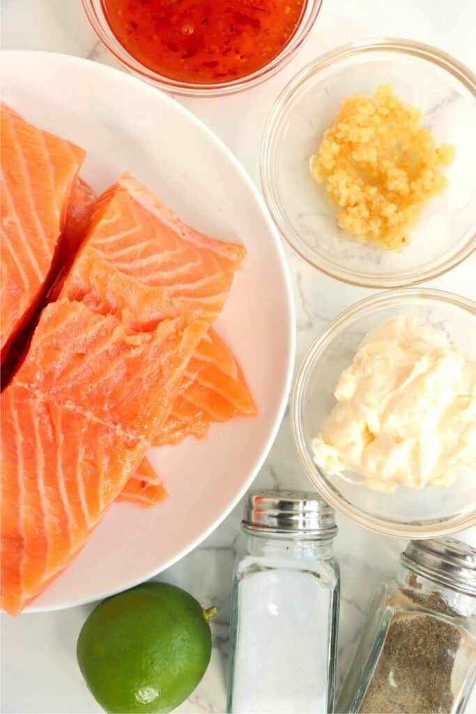 Overhead shot of individual recipe ingredients in bowls. 
