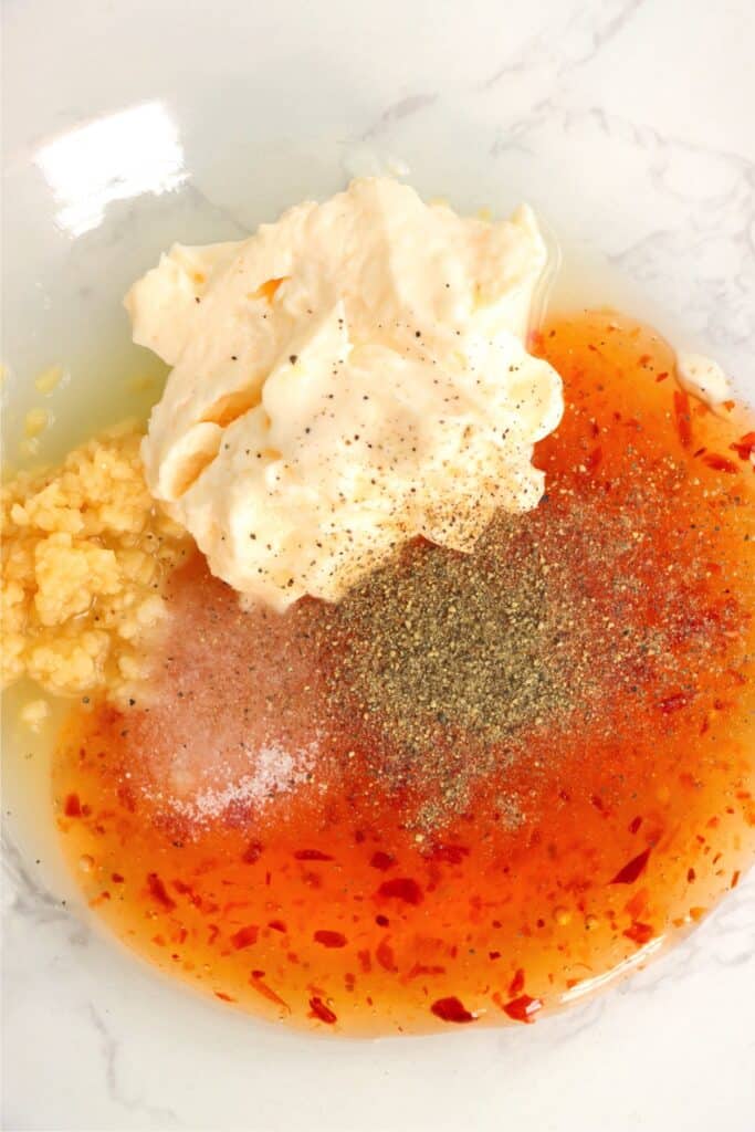  Closeup overhead shot of marinade ingredients. 