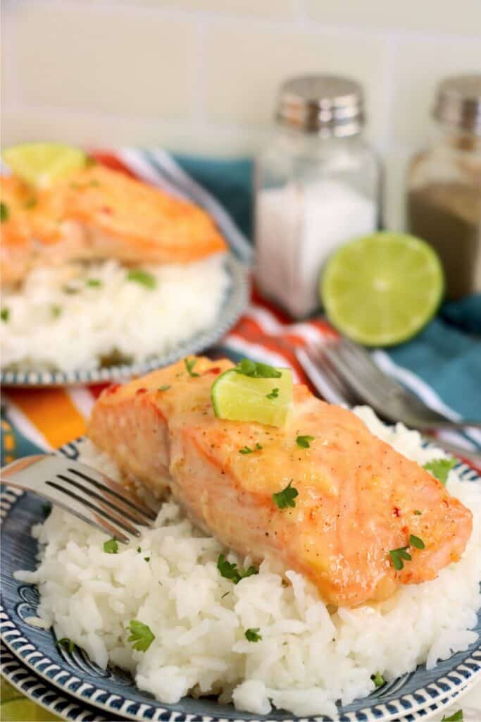 Closeup shot of baked salmon filet with mayo sauce on bed of rice.