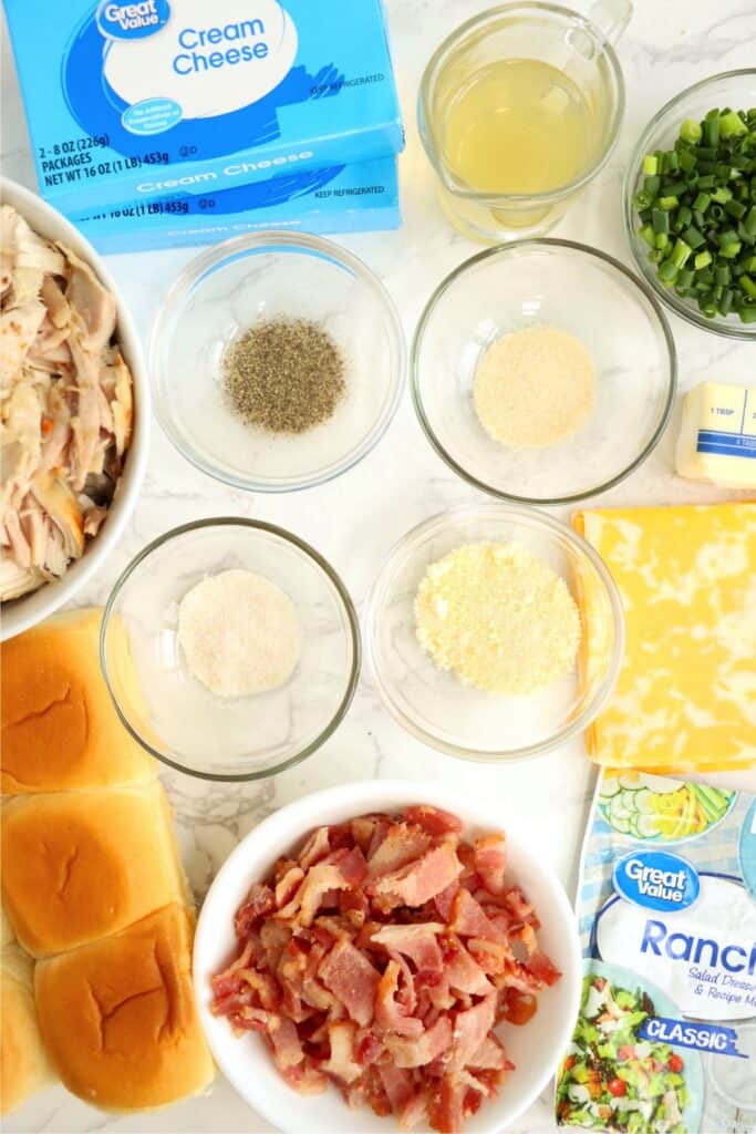Overhead shot of individual crack chicken slider ingredients