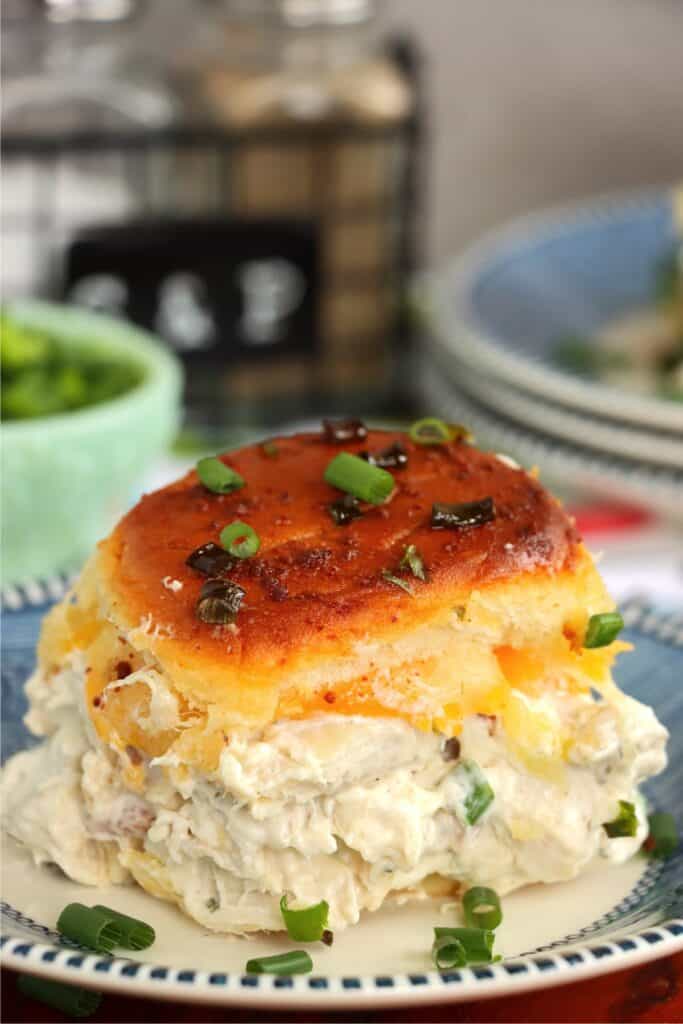 Closeup shot of crack chicken slider on plate. 