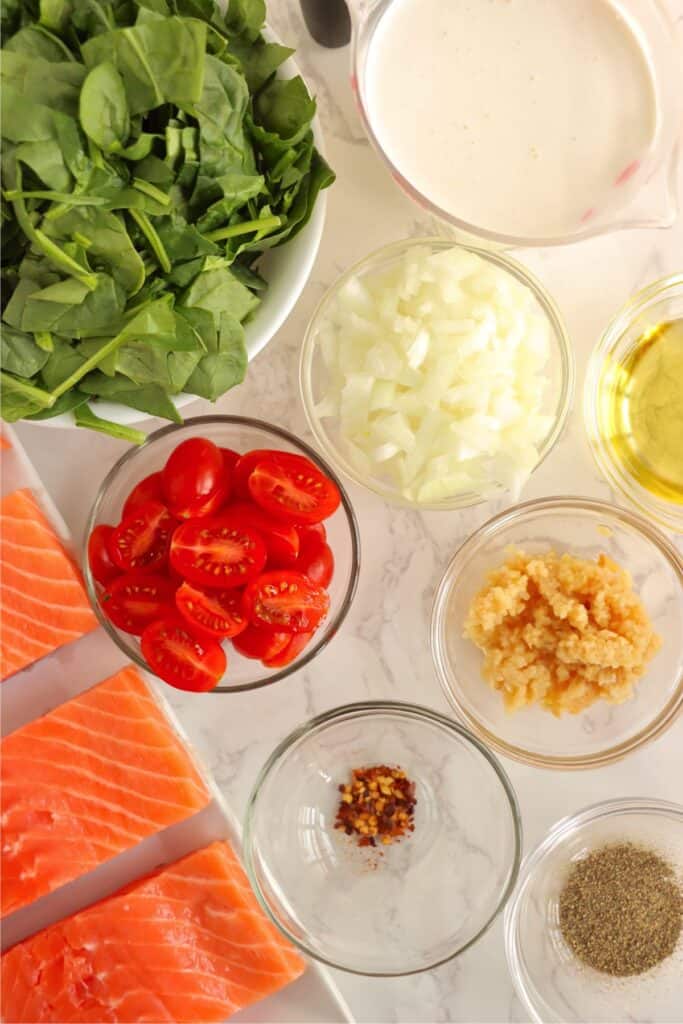 Overhead shot of individual salmon florentine ingredients