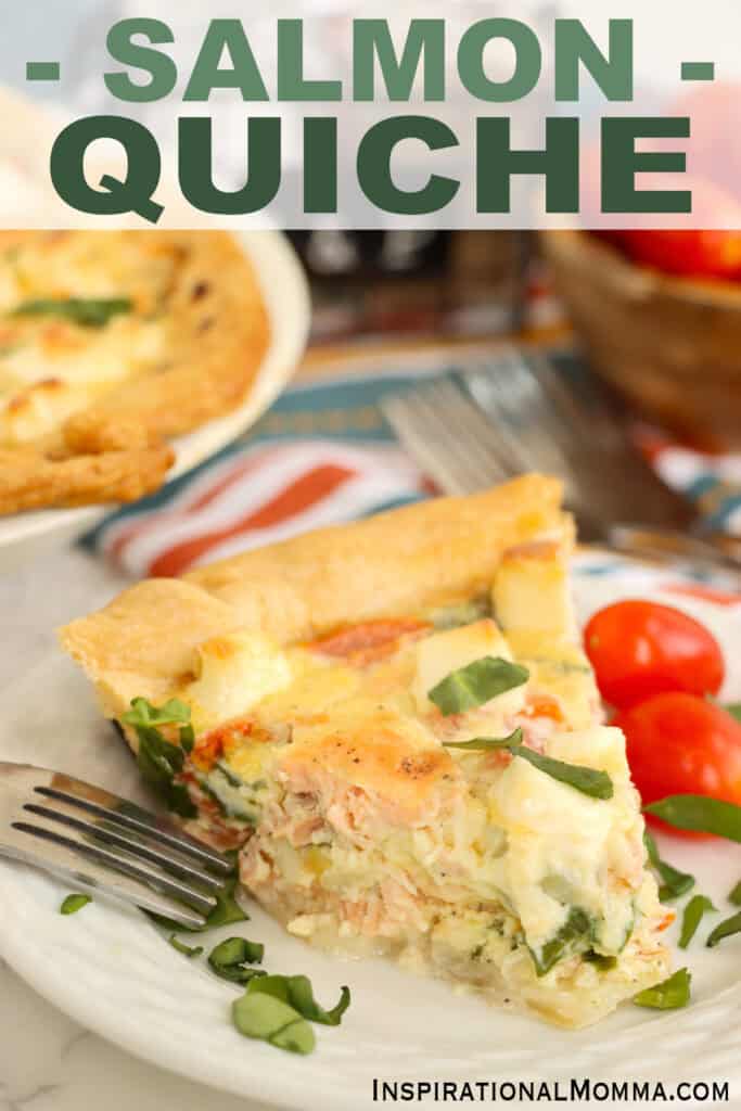 Closeup shot of plate with slice of spinach salmon quiche. 