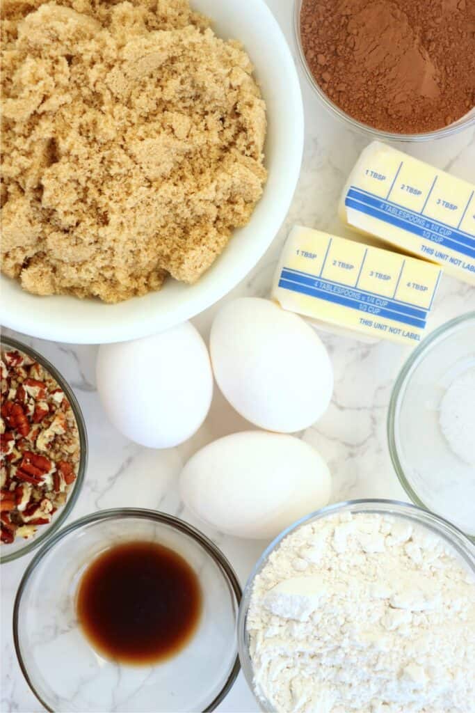 Overhead shot of individual brownie ingredients. 