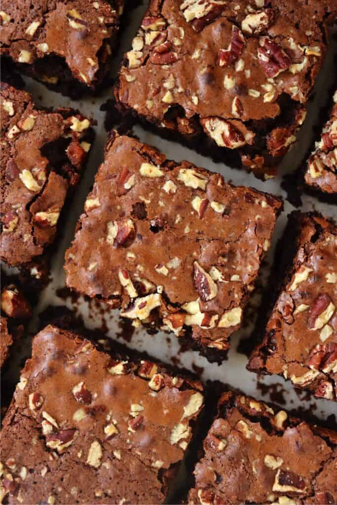 Closeup overhead shot of brownies. 