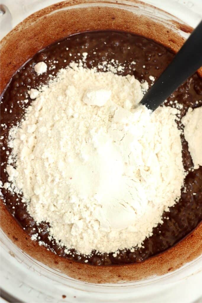Overhead shot of bowl with fudge mixture and flour