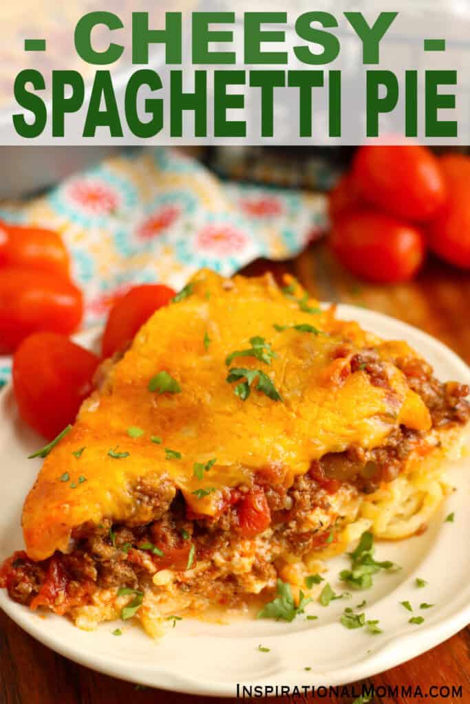Closeup shot of slice of spaghetti pie on plate.