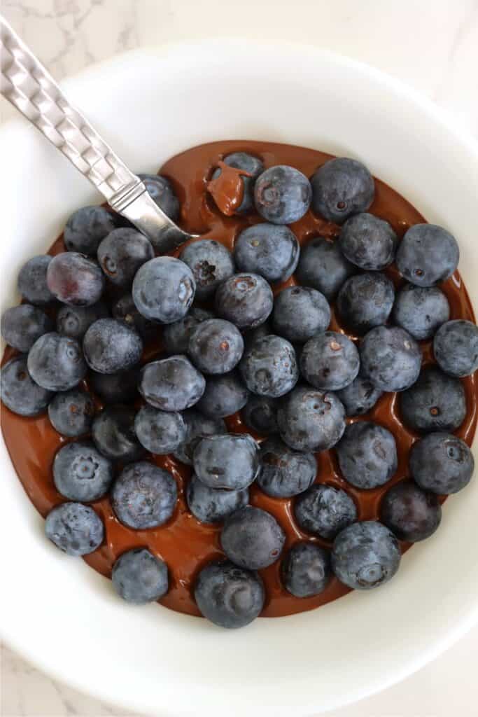 Closeup overhead shot of fresh blueberries in bowlful of melted chocolate. 