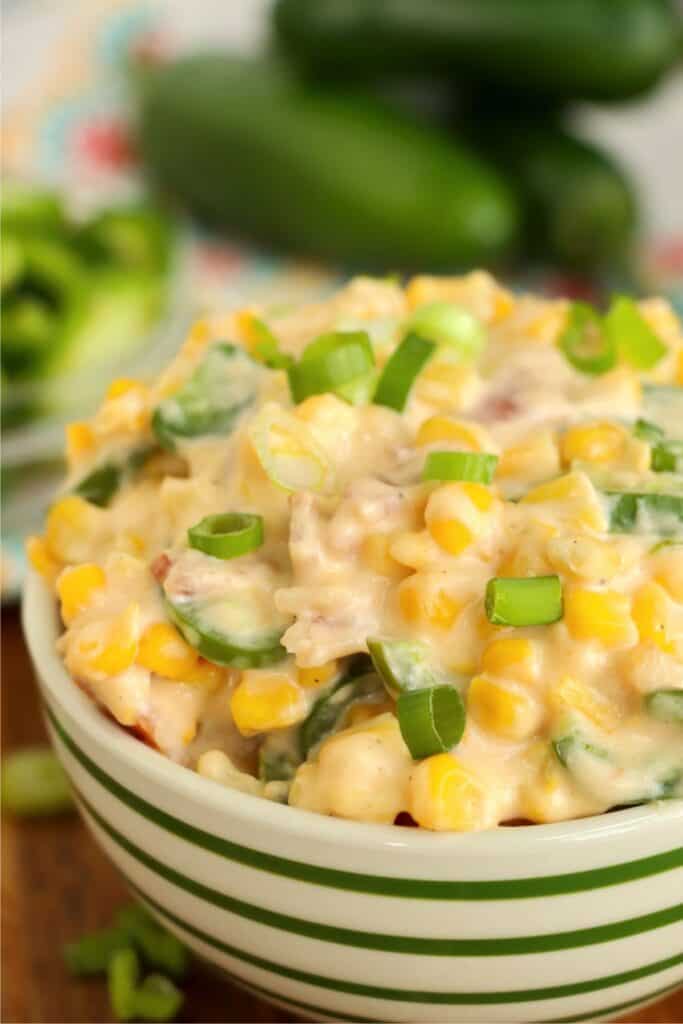 Closeup shot of bowlful of jalapeno cream corn 