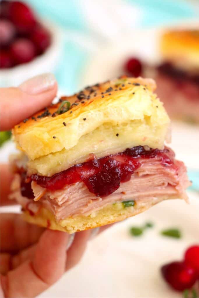 Closeup shot of hand holding a turkey and cranberry slider. 