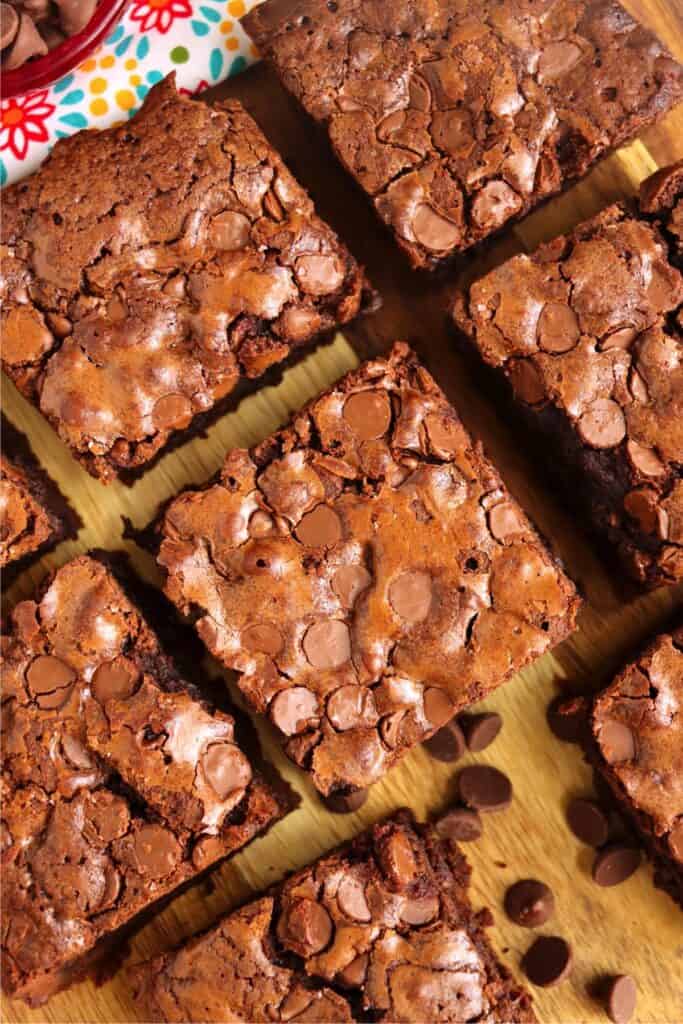 Closeup overhead shot of chocolate chip brownies.
