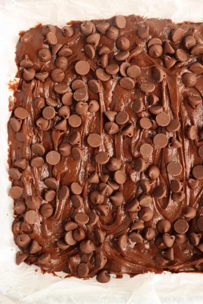 Closeup overhead shot of brownie batter topped with chocolate chips. 
