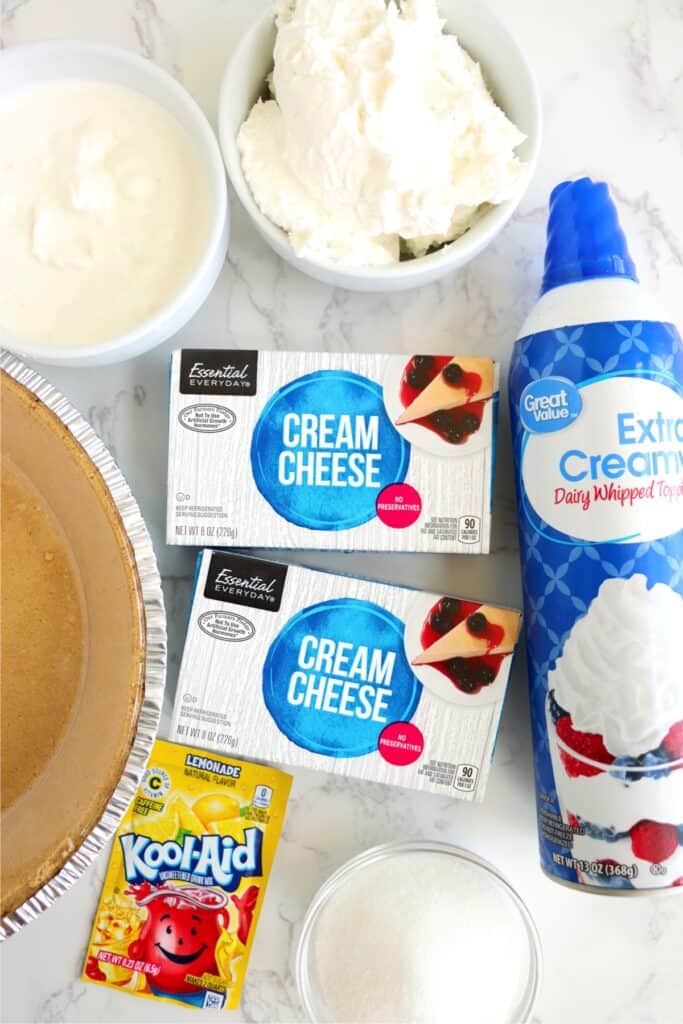 Overhead shot of individual lemon cream cheese pie ingredients.