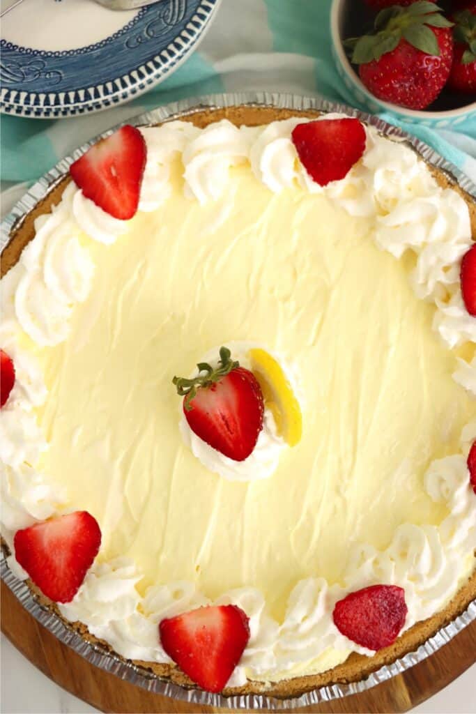 Overhead shot of decorated lemon cream cheese pie.