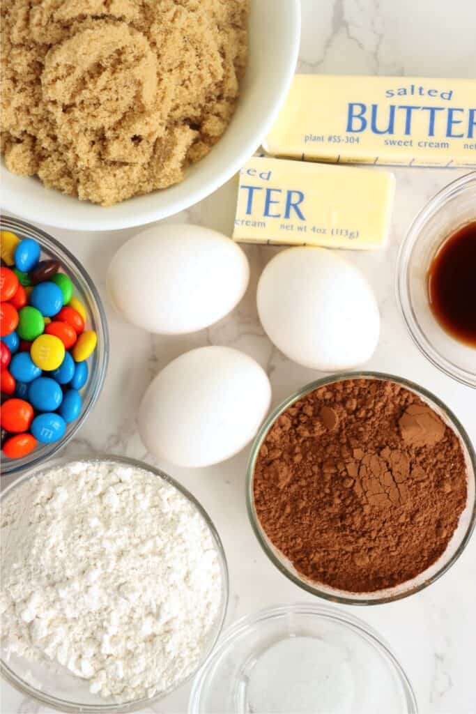 Overhead shot of individual brownie ingrdients in bowls.