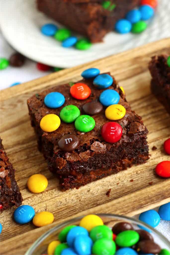 Closeup shot of M&M brownie