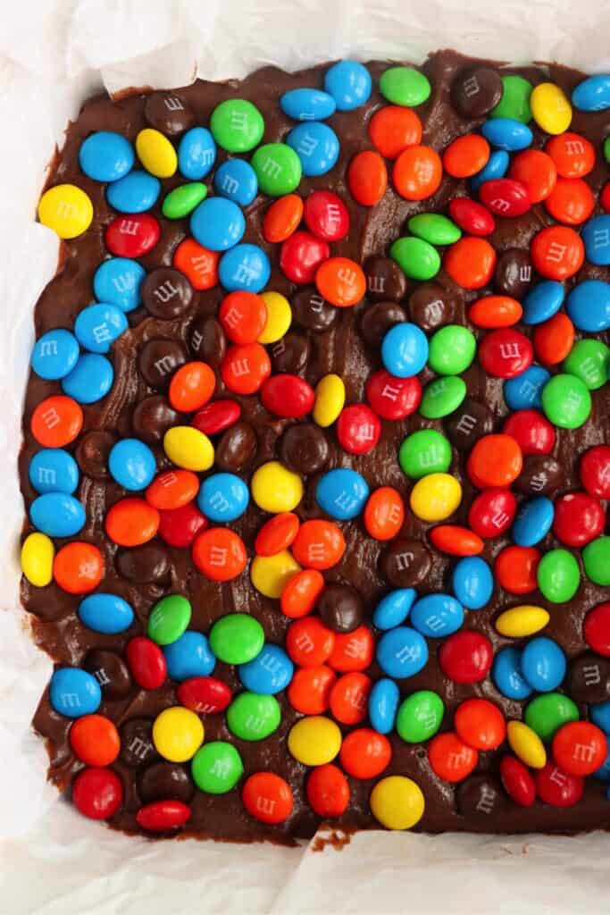 Overhead shot of unbaked M&M brownies.