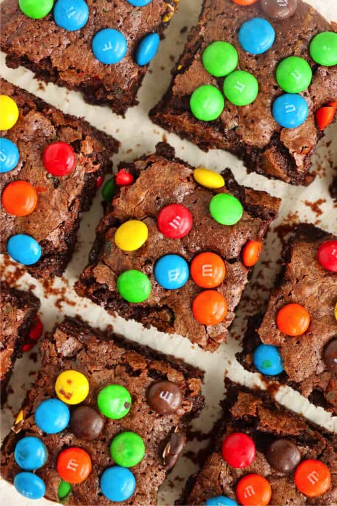 Overhead shot of M&M brownies. 