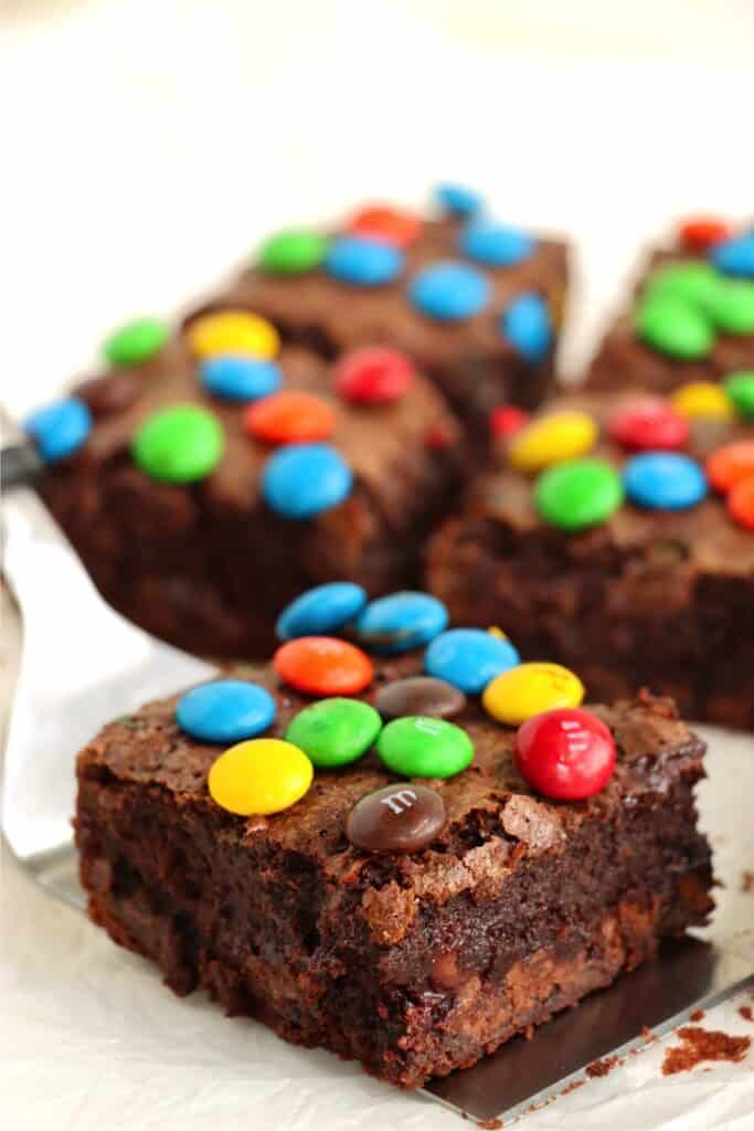Closeup shot of M&M brownie.
