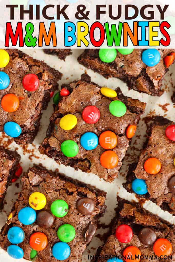 Closeup overhead shot of M&M brownies
