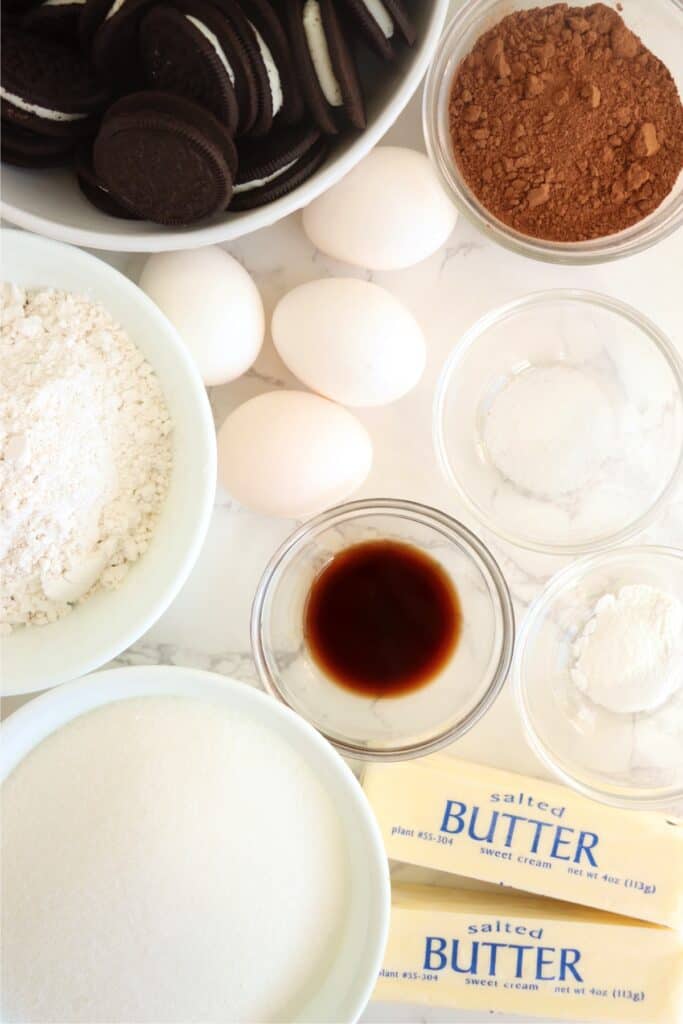 Overhead shot of individual brownie ingredients