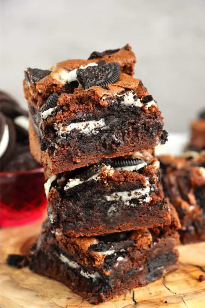 Closeup shot of stack of Oreo brownies. 