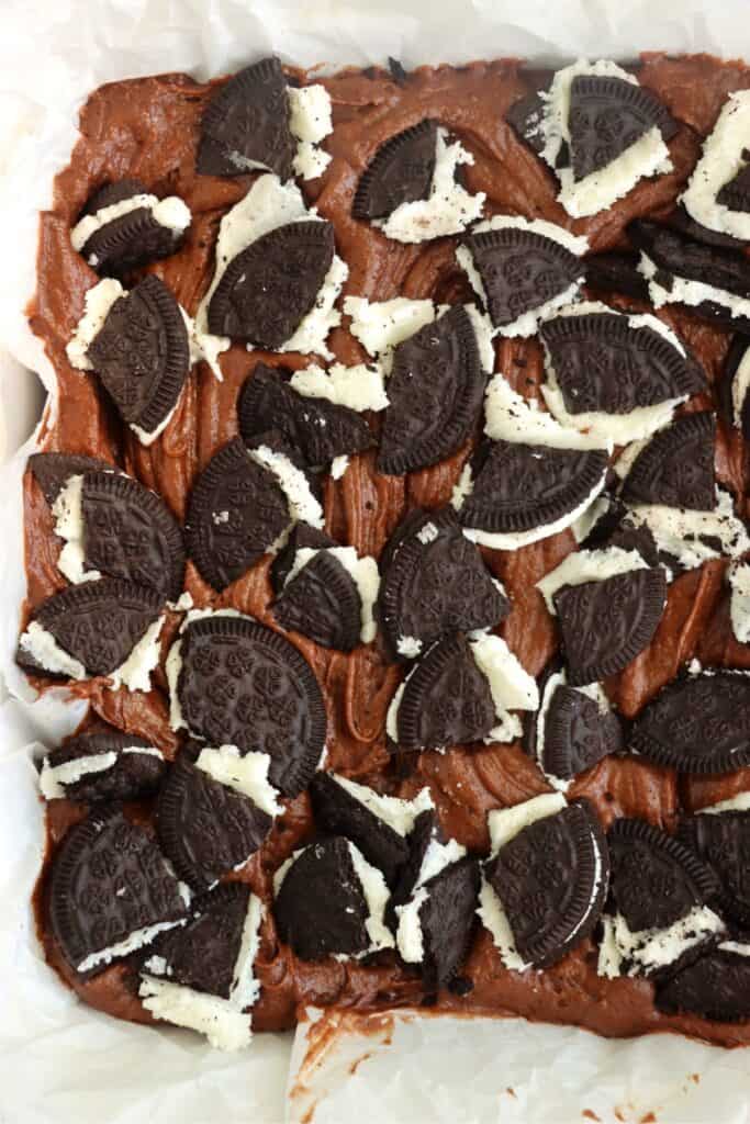 Closeup overhead shot of unbaked Oreo brownies.