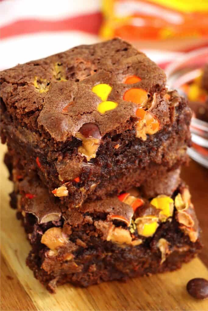 Closeup shot of stack of Reese's brownies. 