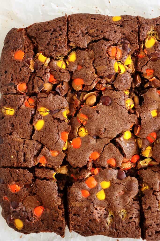 Overhead shot of sliced Reese's brownies. 