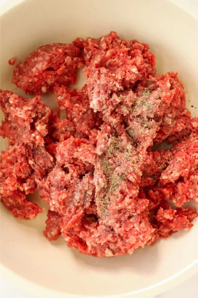 Overhead shot of ground beef in skillet. 