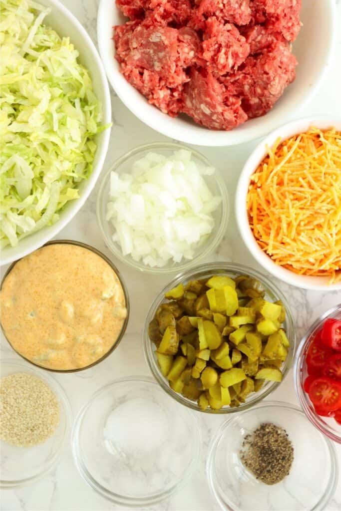 Overhead shot of individual Big Mac bowl ingredients.
