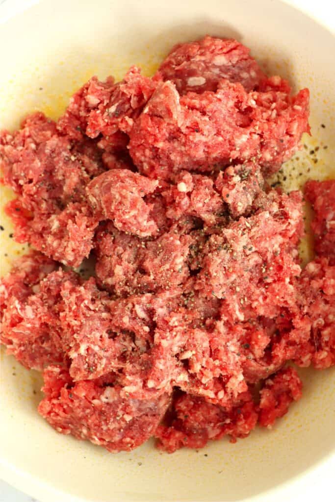 Overhead shot of ground beef in skillet. 