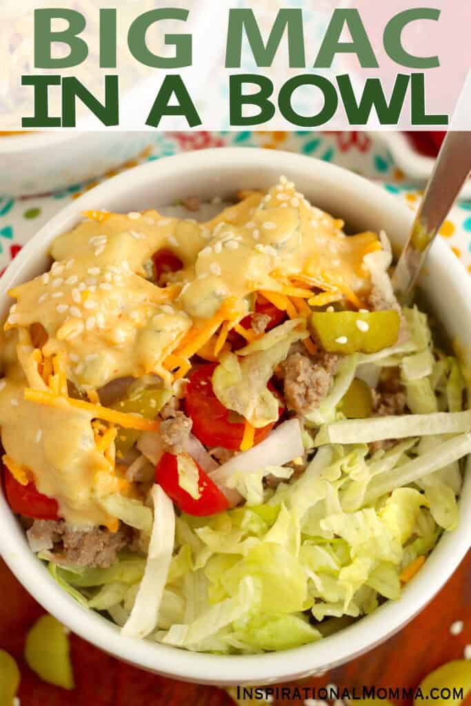 CLoseup overhead shot of Big Mac in a bowl. 