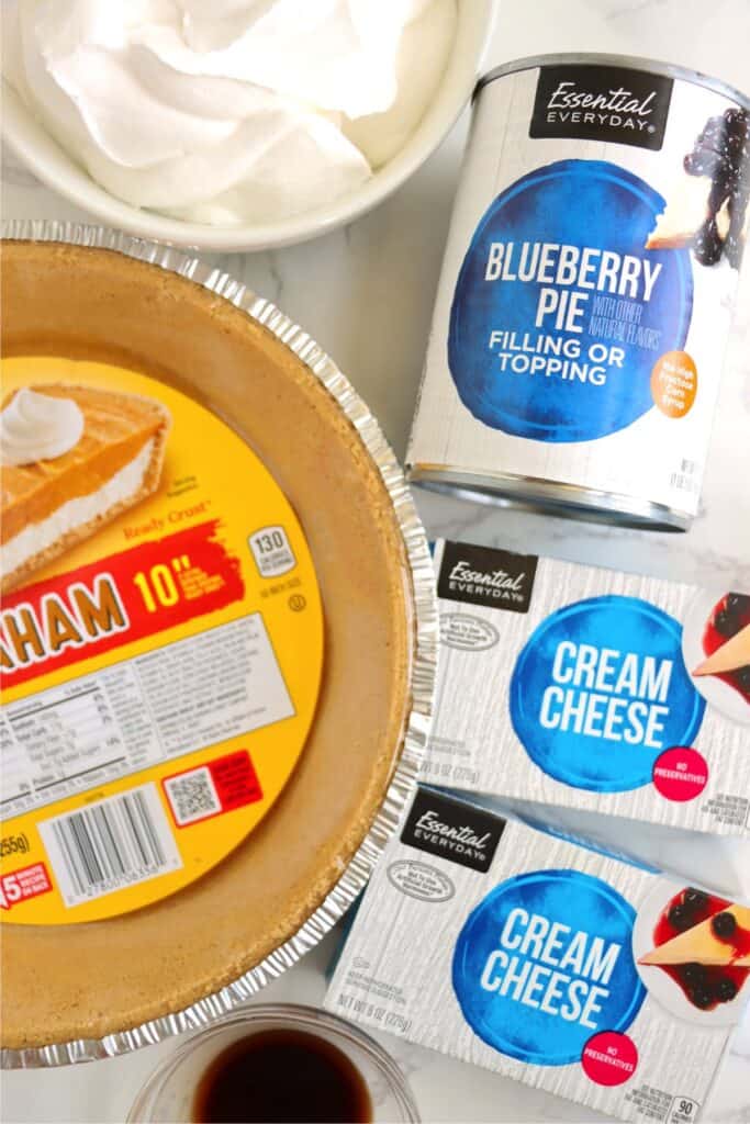 Overhead shot of blueberry cream cheese pie ingredients.