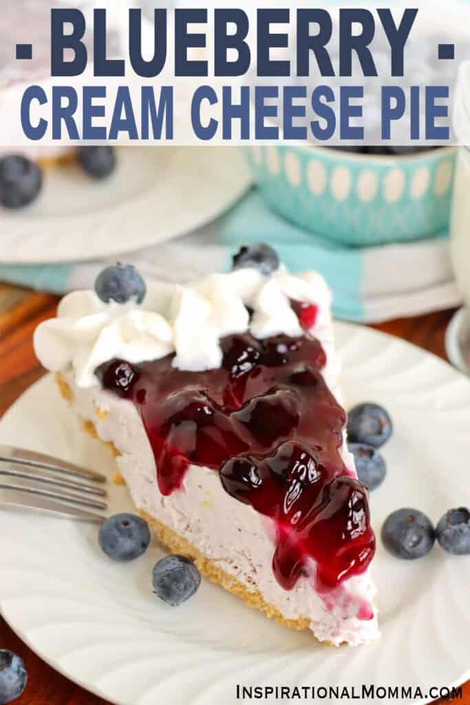 Closeup shot of slice of blueberry cream cheese pie.
