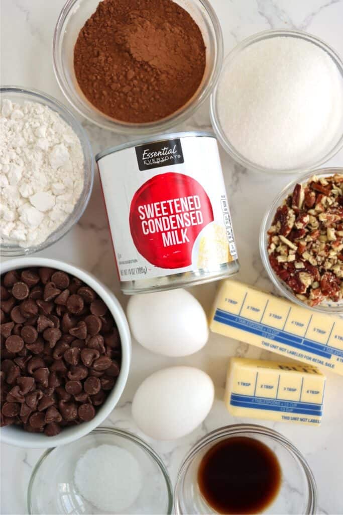 Overhead shot of individual brownie ingredients. 