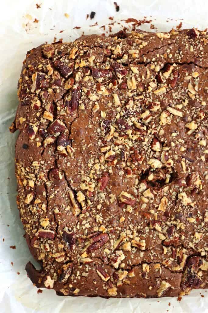Overhead shot of baked brownies. 