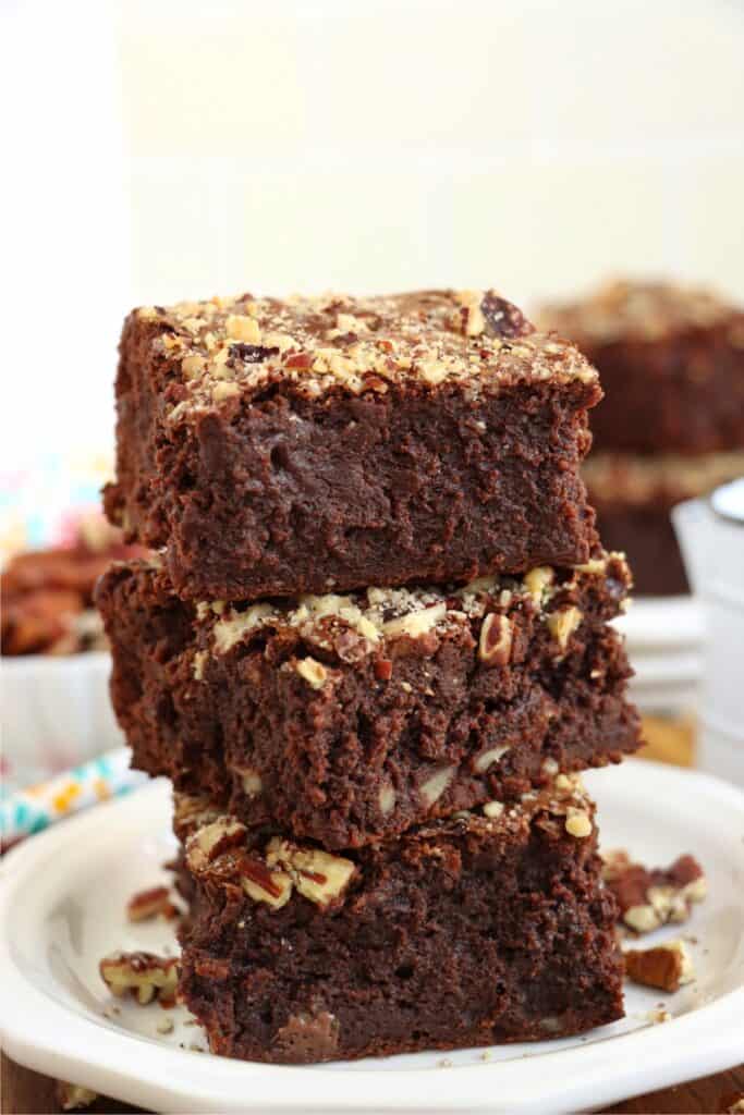 Closeup shot of stack of condensed milk brownies. 