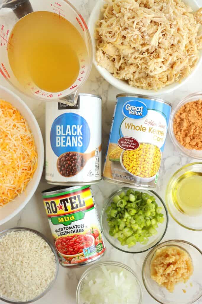 Collage of overhead shot of individual casserole ingredients