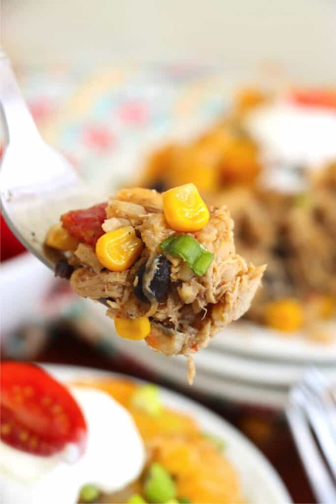 Closeup shot of forkful of Mexican chicken and rice casserole.